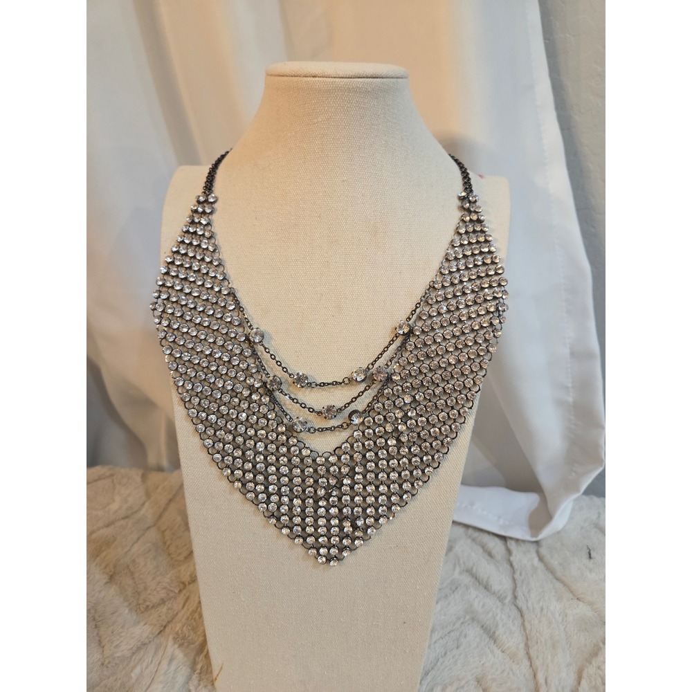 Express Gunmetal Rhinestone Bib Statement Necklace Layered Mesh Chain Vintage